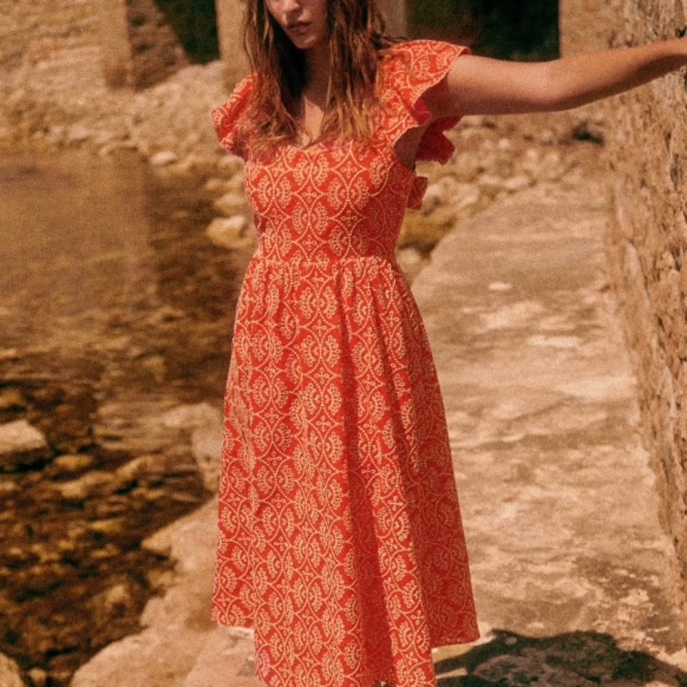 Sezane Melville Dress in Ecru on Coral